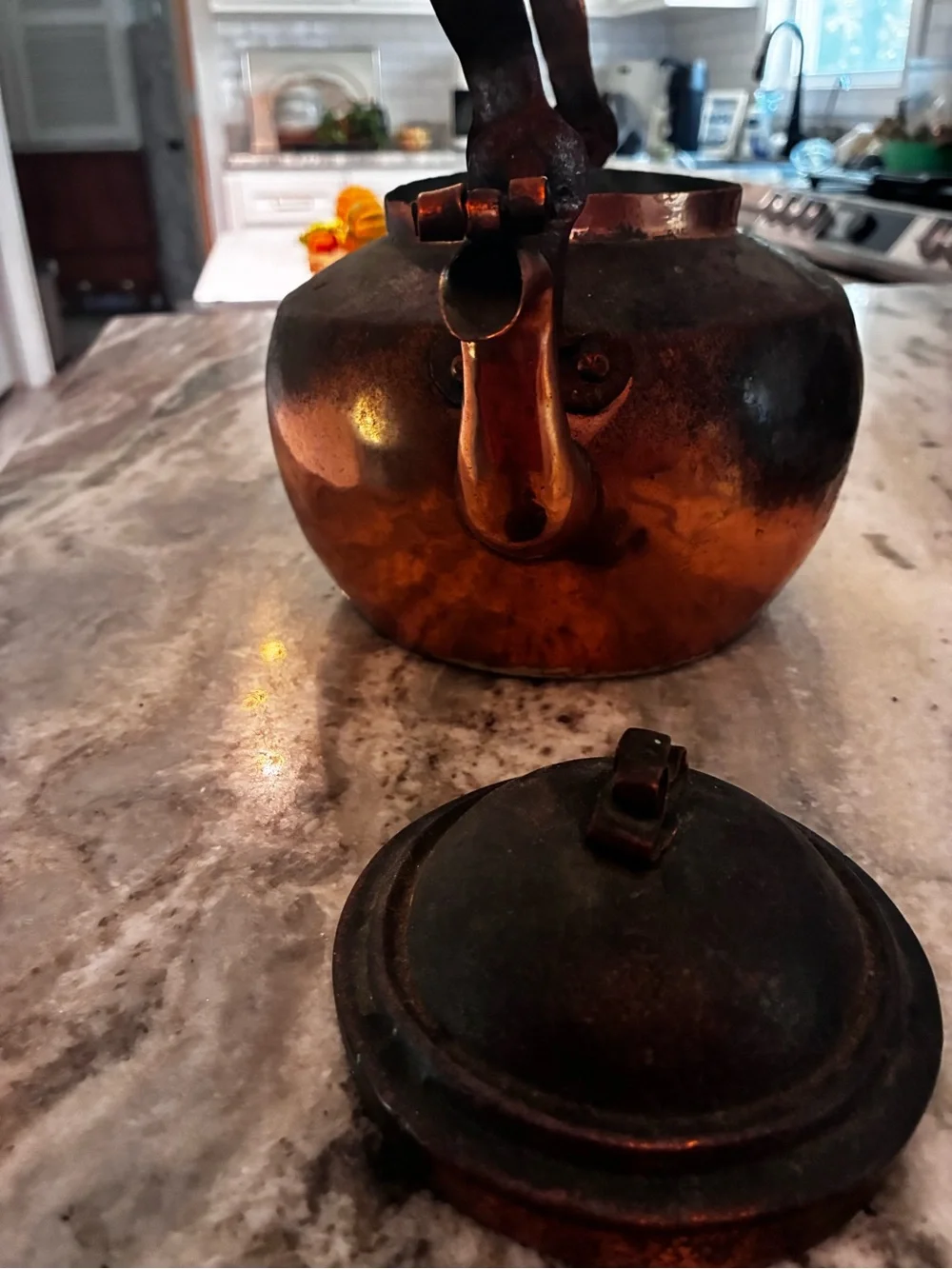 Early antique primitive Copper Kettle in Warm Copper and Dark Patina